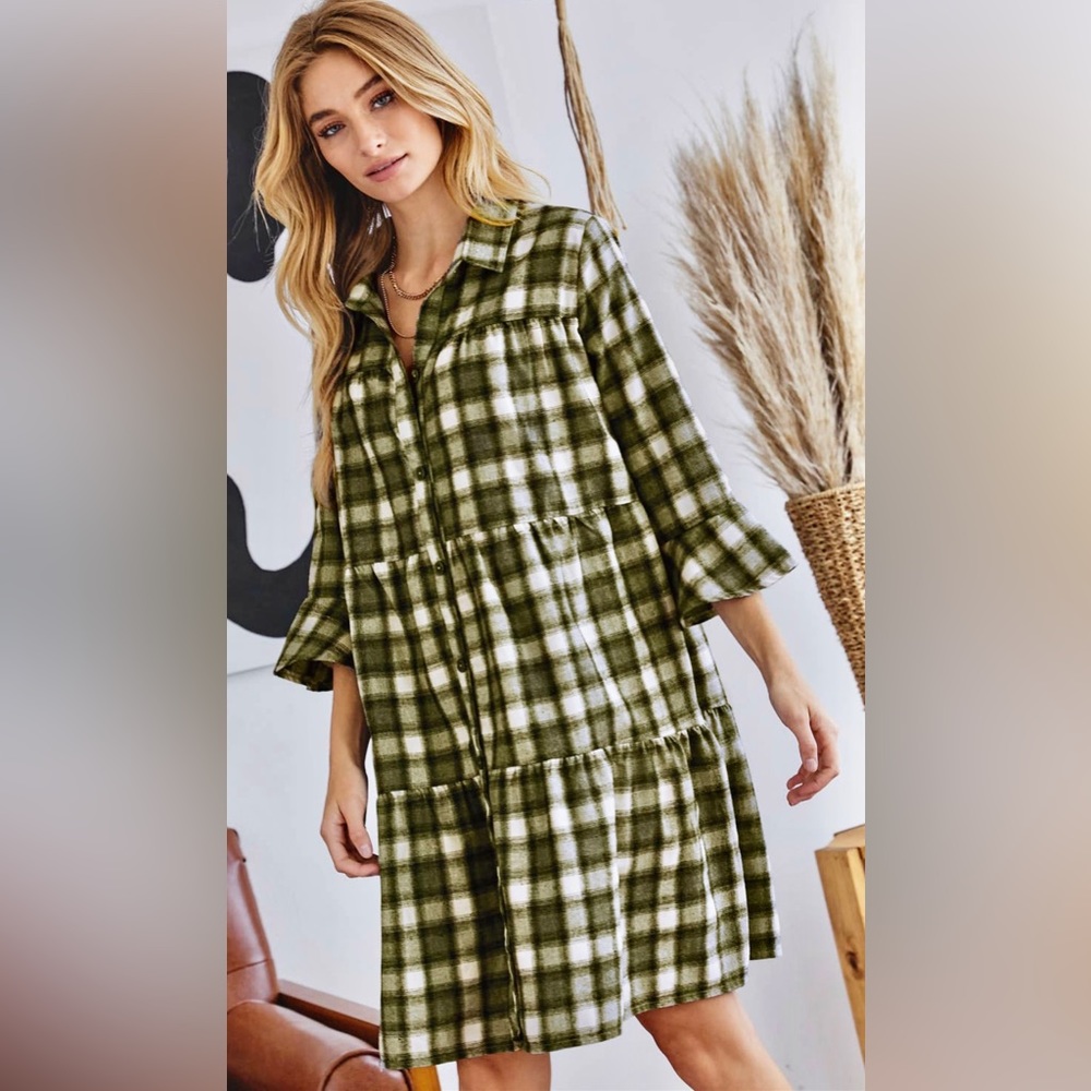 Olive plaid button-down mini dress